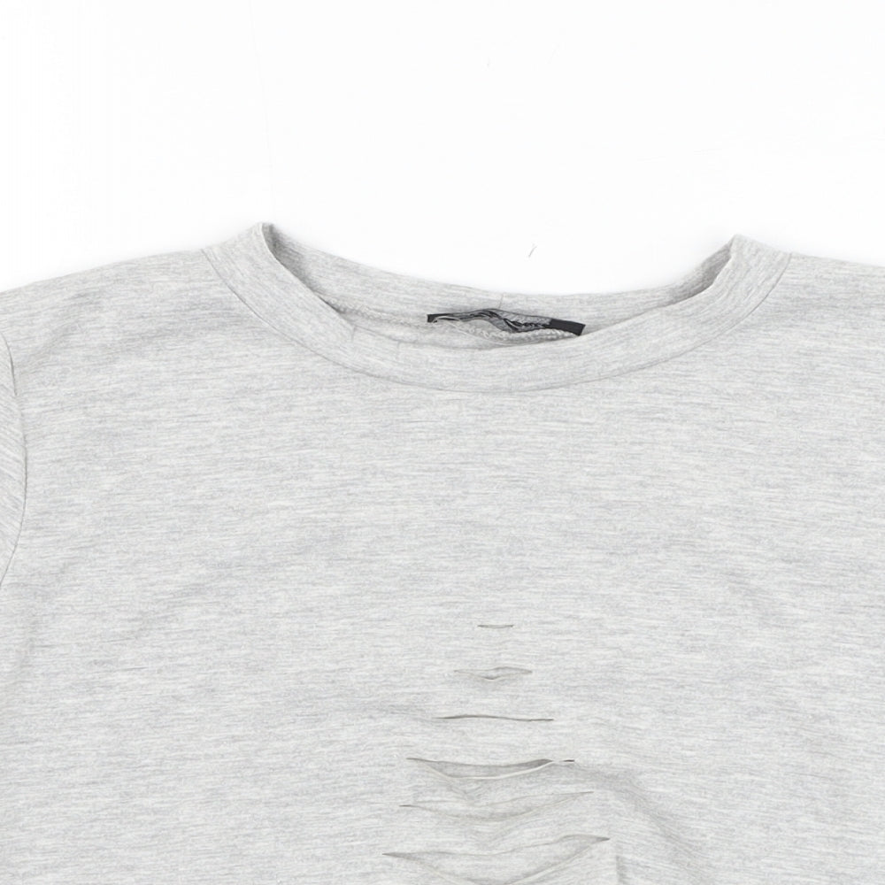 Stylewise Womens Grey  Cotton Cropped T-Shirt Size S Round Neck - Distressed