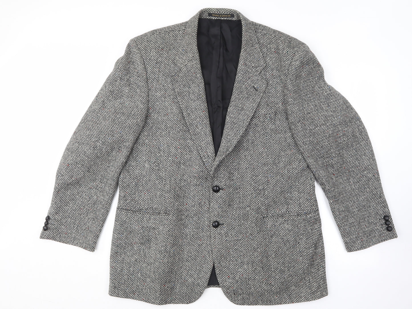 Marks and Spencer Mens Black Herringbone  Overcoat Coat Size XL