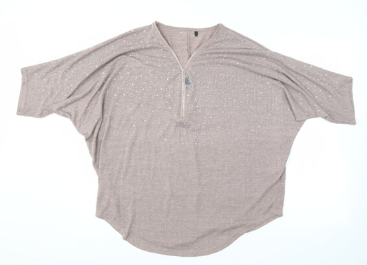Front view of Preworn women’s purple polyester basic t-shirt, size M, v-neck