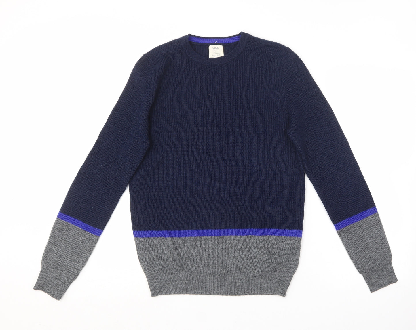 Marks and Spencer Mens Blue Round Neck  Polyester Pullover Jumper Size S