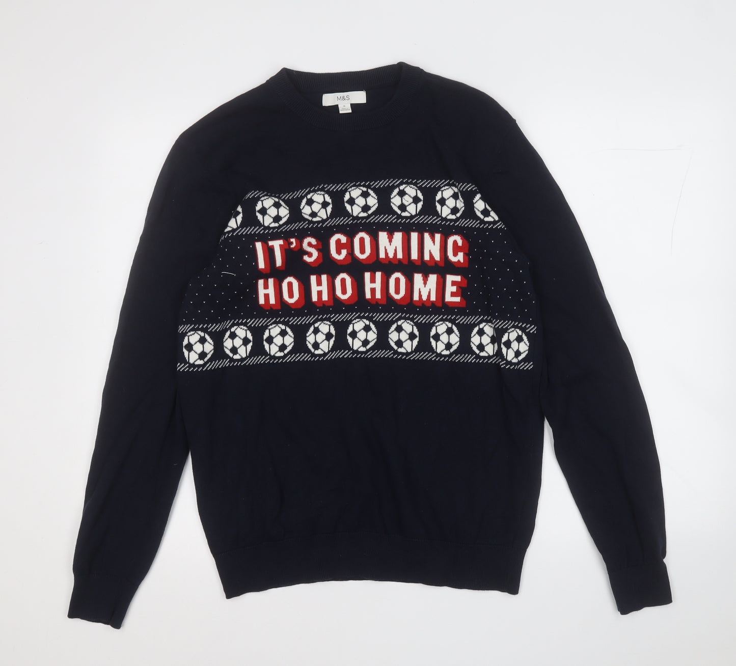Marks and Spencer Mens Blue Round Neck  Cotton Pullover Jumper Size M   - Christmas JUMPER