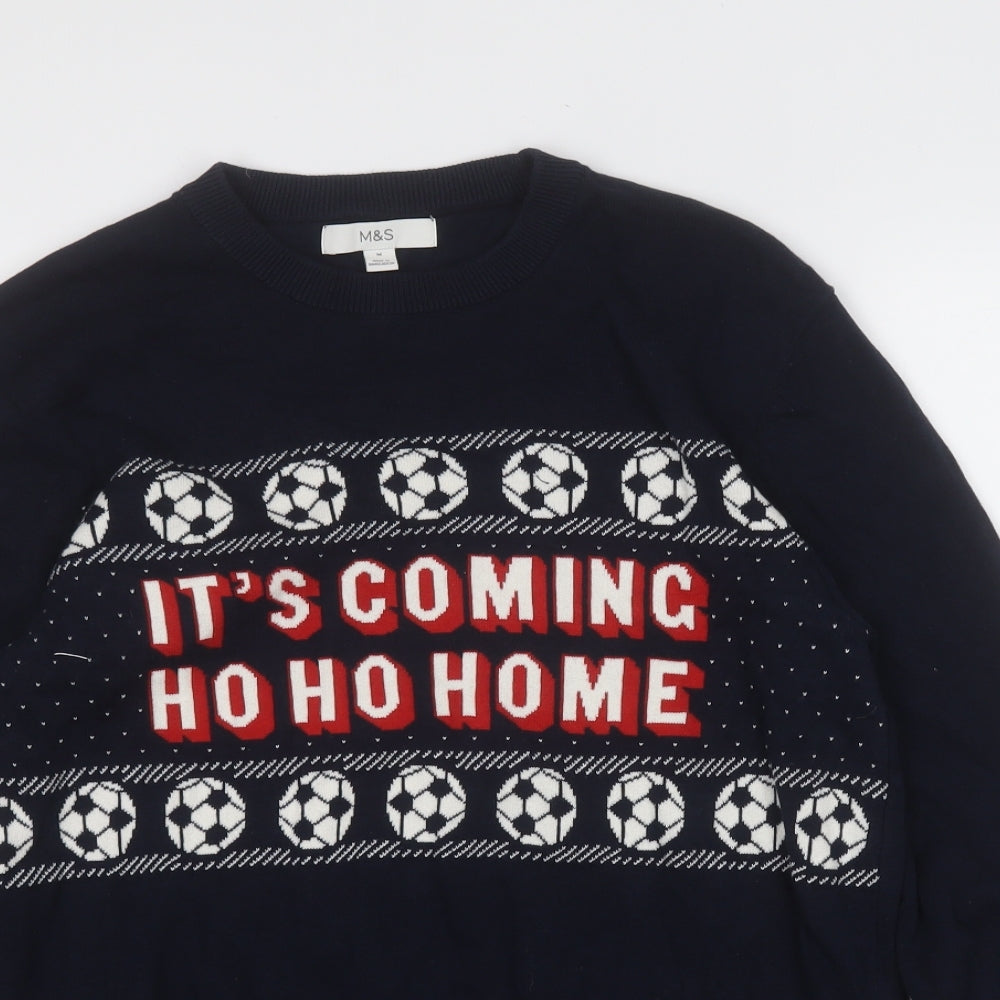 Marks and Spencer Mens Blue Round Neck  Cotton Pullover Jumper Size M   - Christmas JUMPER