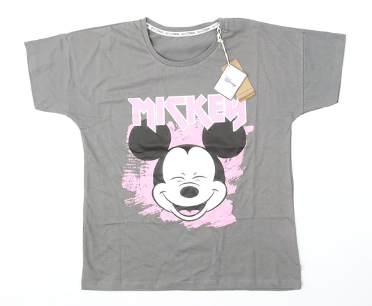 Front view of brand threads women’s grey cotton basic t-shirt, size S, round neck - mickey mouse