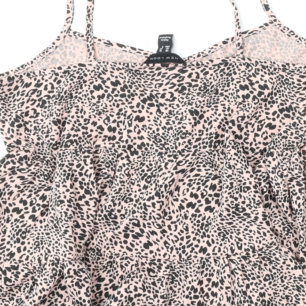 New Look Womens Pink Animal Print Cotton Basic Blouse Size 10 V-Neck