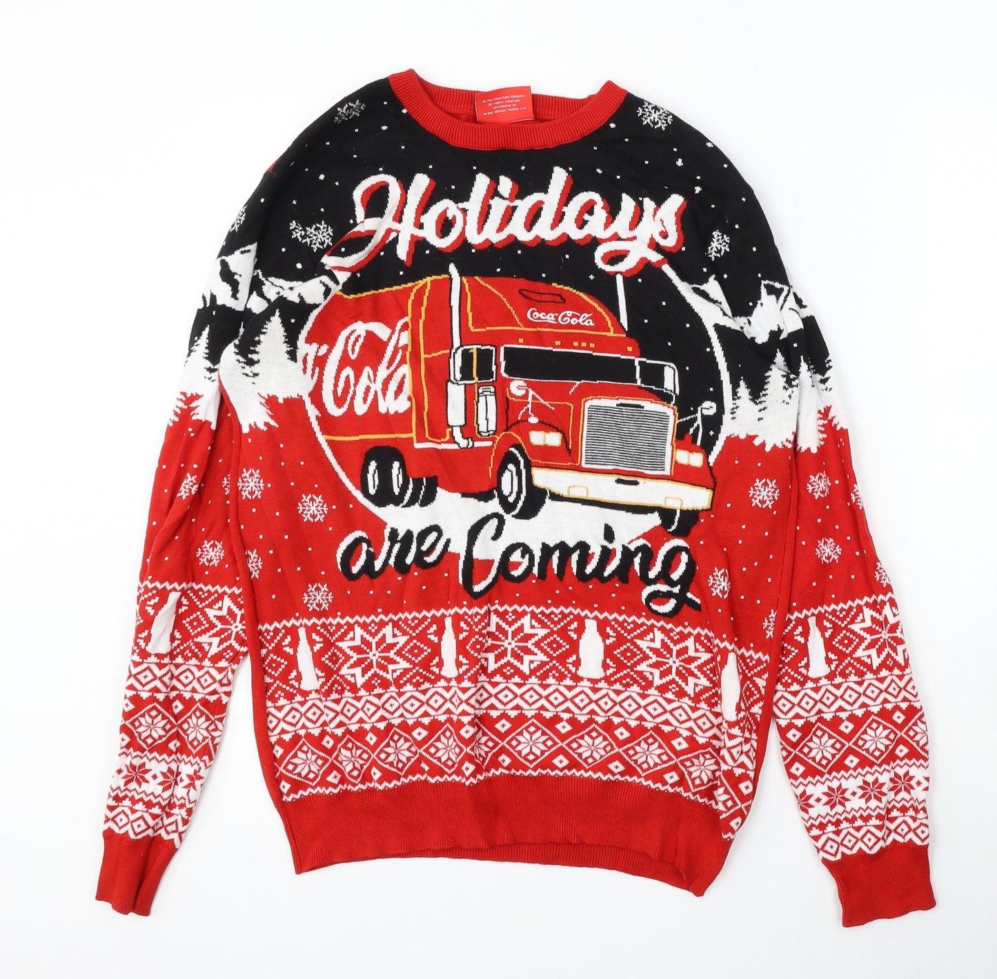 Primark Mens Red Round Neck  Cotton Pullover Jumper Size L   - Coca Cola Christmas