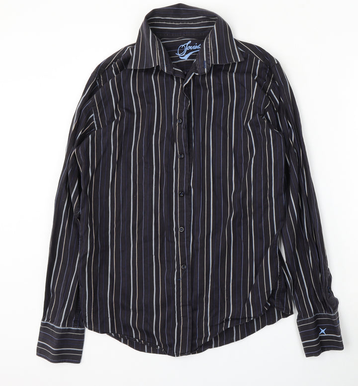 Soviet Mens Black Striped Cotton Button-Up Size M Collared Button