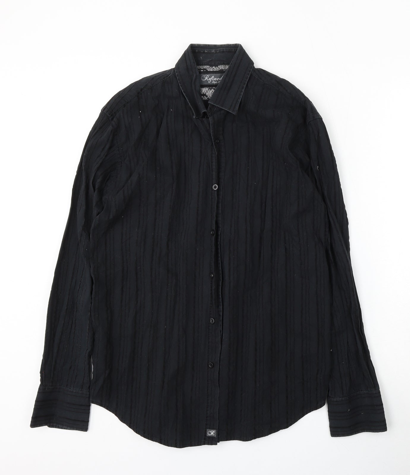 Refined Mens Black  Cotton  Button-Up Size M Collared Button