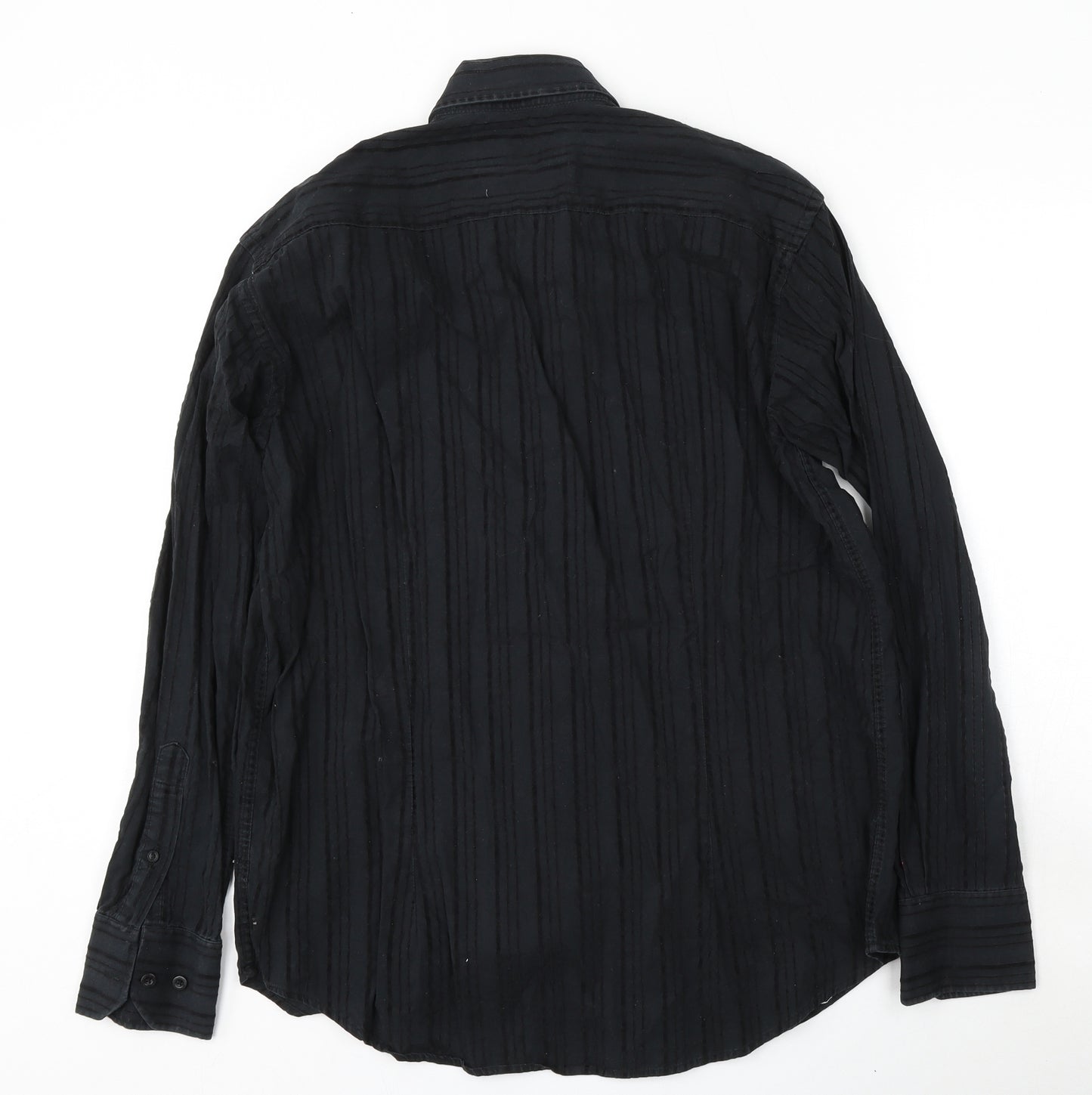 Refined Mens Black  Cotton  Button-Up Size M Collared Button