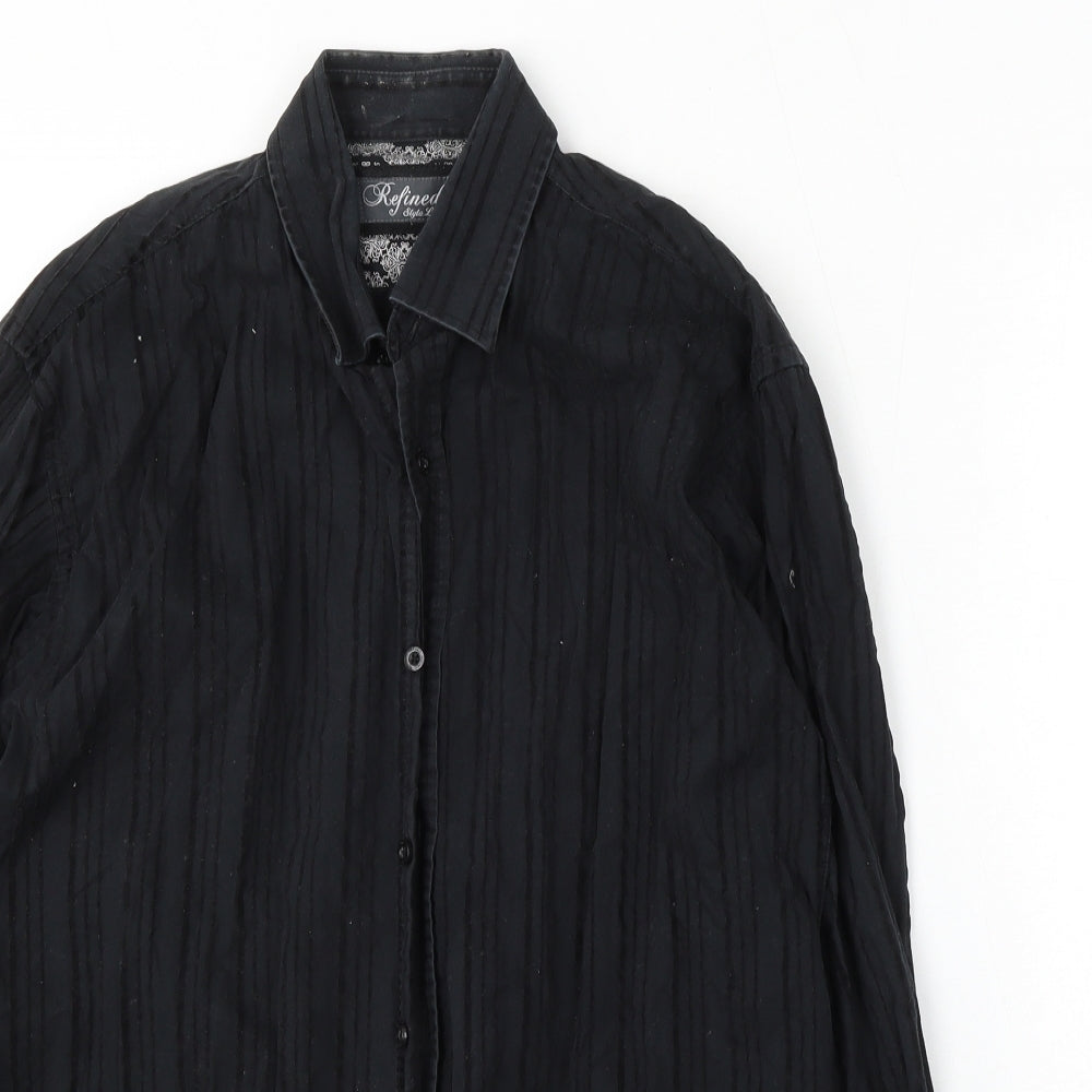 Refined Mens Black  Cotton  Button-Up Size M Collared Button