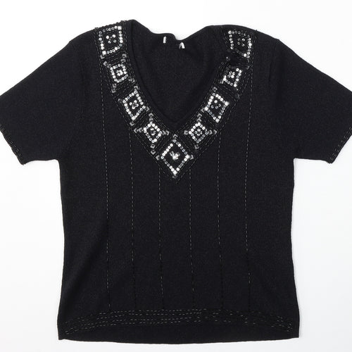 Berkertex Womens Black V-Neck  Acrylic Pullover Jumper Size 14