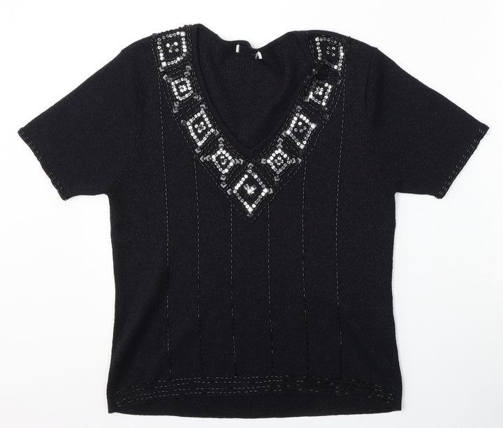 Berkertex Womens Black V-Neck  Acrylic Pullover Jumper Size 14