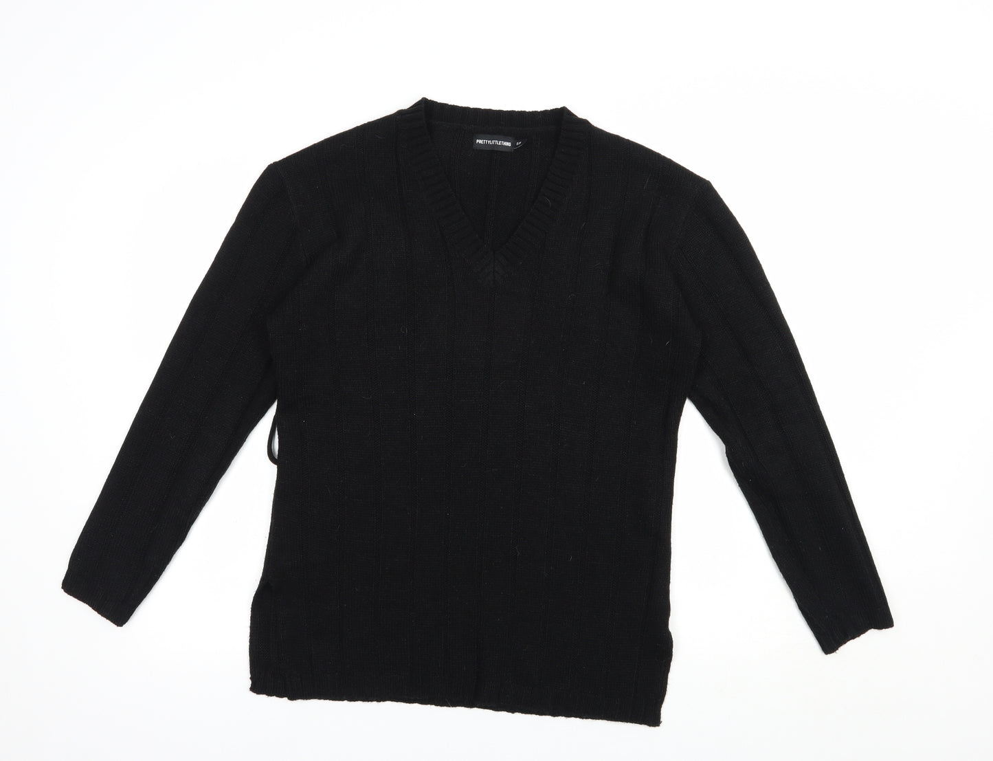 PRETTYLITTLETHING Womens Black V-Neck  Acrylic Pullover Jumper Size S