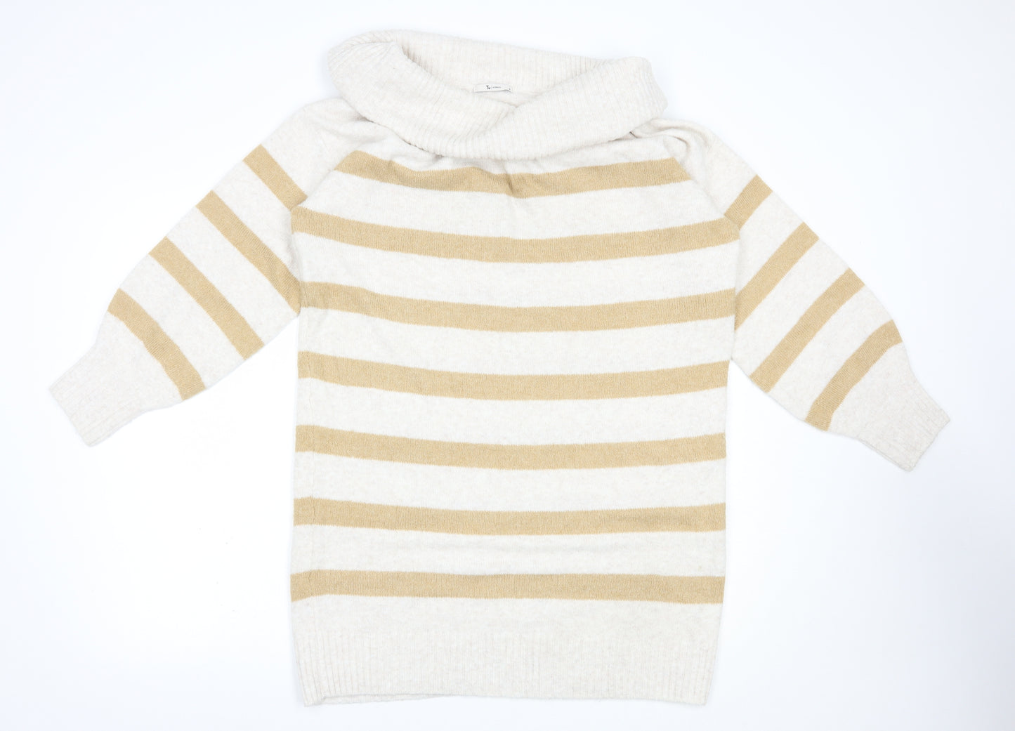 TU Womens Beige Roll Neck Striped Acrylic Tunic Jumper Size 14