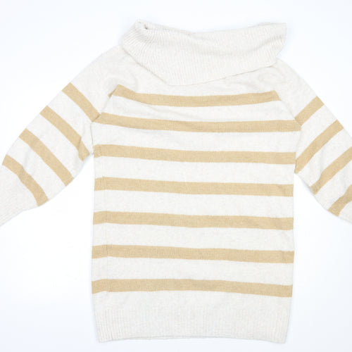 TU Womens Beige Roll Neck Striped Acrylic Tunic Jumper Size 14