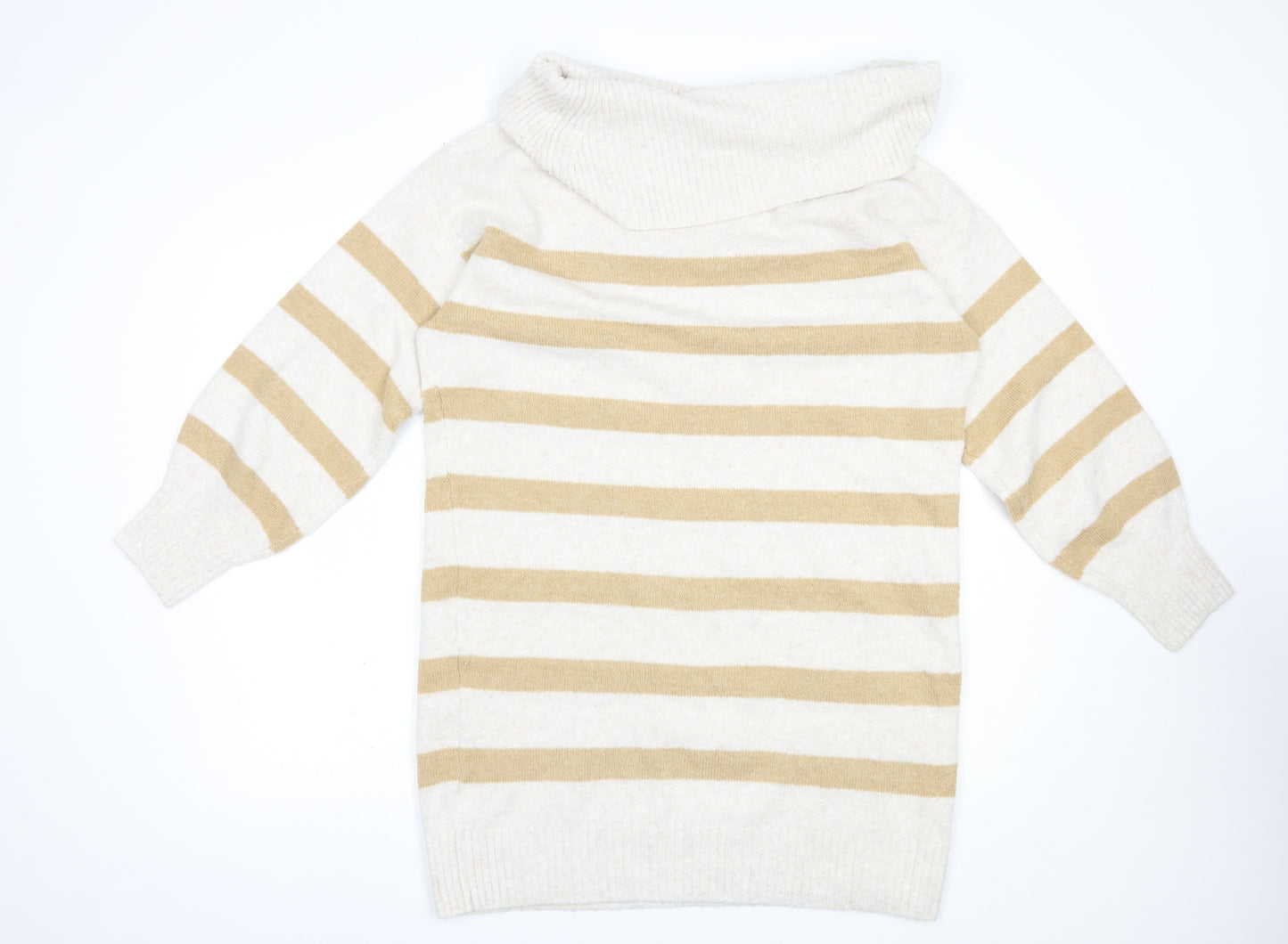 TU Womens Beige Roll Neck Striped Acrylic Tunic Jumper Size 14