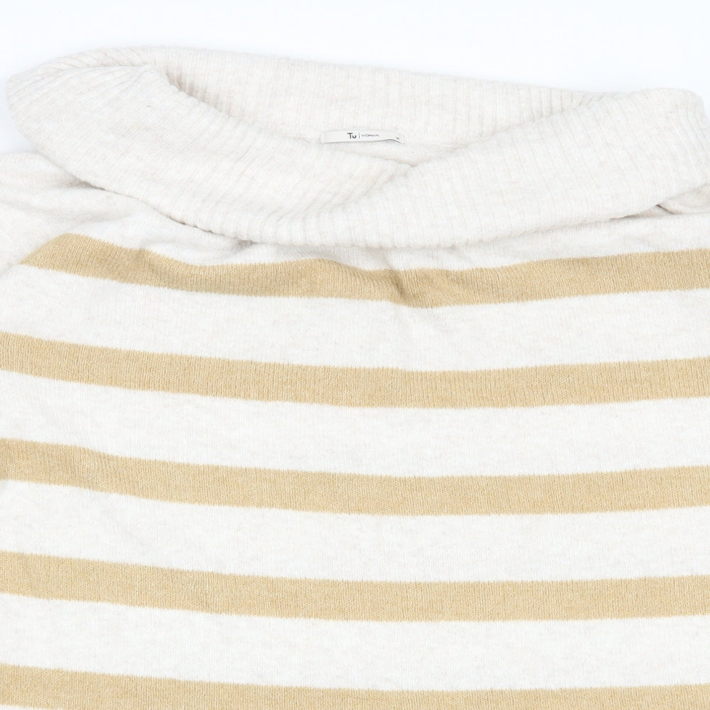 TU Womens Beige Roll Neck Striped Acrylic Tunic Jumper Size 14
