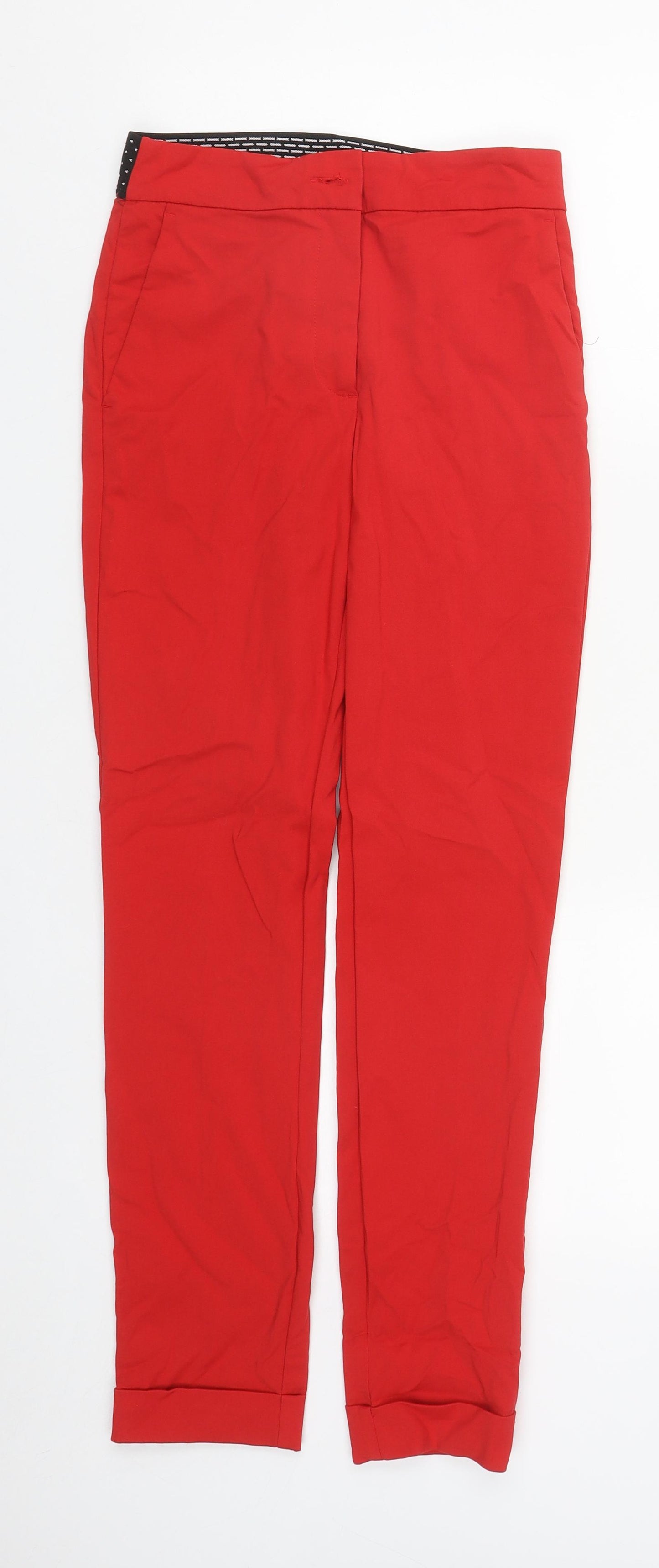 Zara Womens Red Geometric Cotton Carrot Trousers Size XS L28 in Regular Zip
