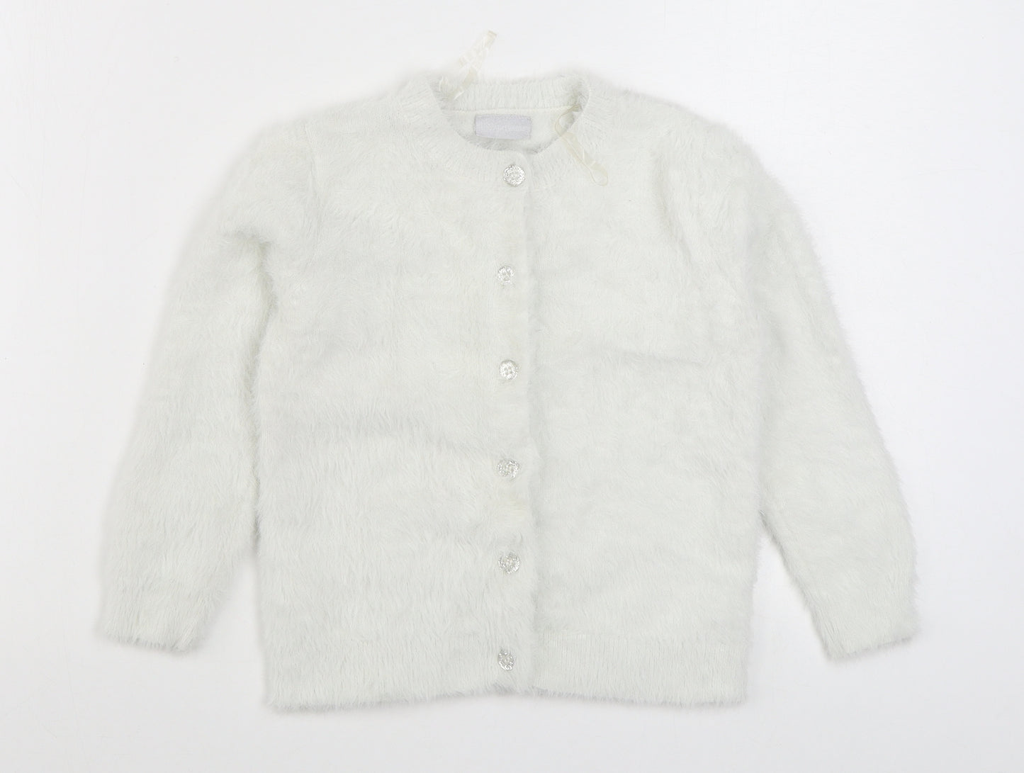 Matalan Girls White Round Neck  Polyester Cardigan Jumper Size 8 Years  Button