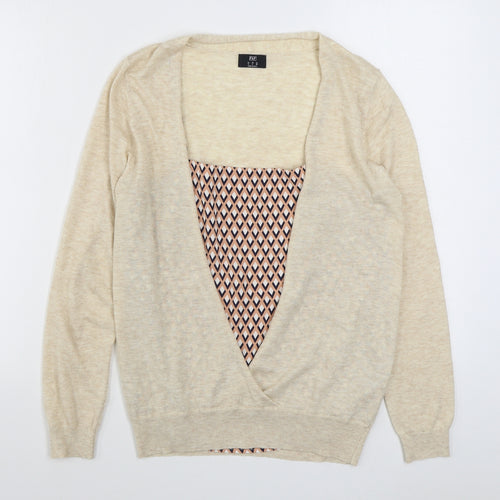 F&F Womens Beige V-Neck Geometric Acrylic Cardigan Jumper Size 10