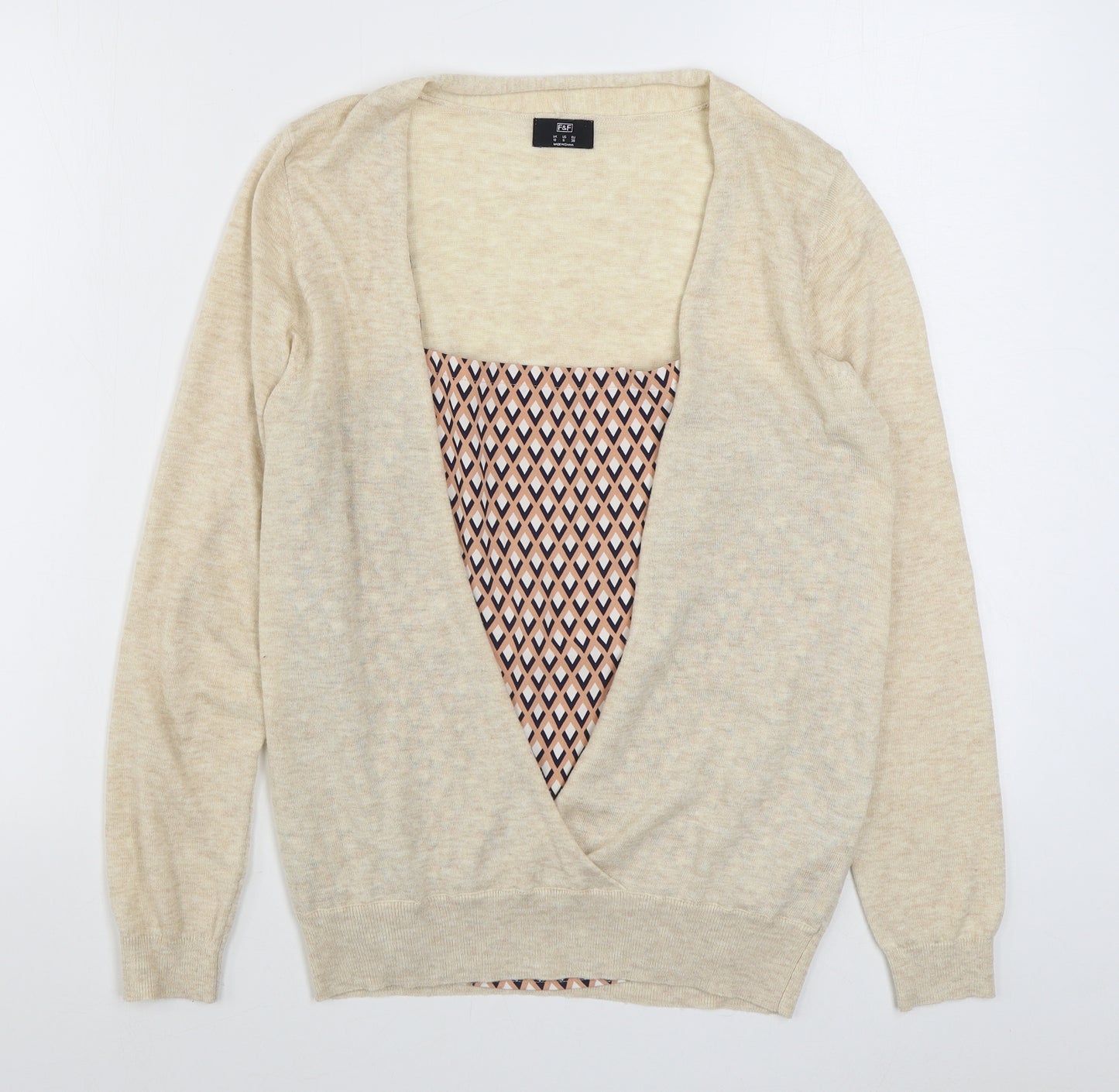 F&F Womens Beige V-Neck Geometric Acrylic Cardigan Jumper Size 10