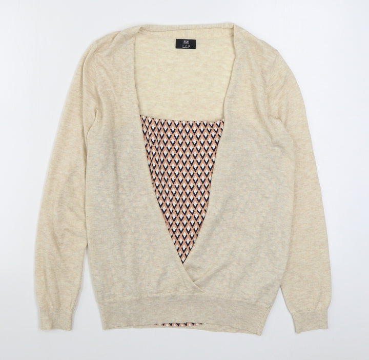 F&F Womens Beige V-Neck Geometric Acrylic Cardigan Jumper Size 10