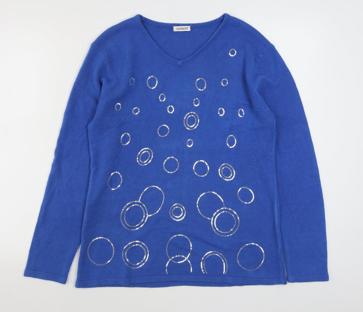 Damart Womens Blue V-Neck Acrylic Pullover Jumper Size 14