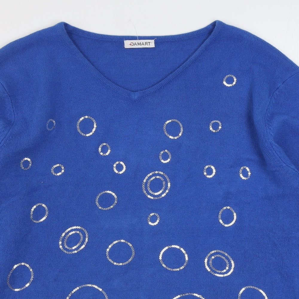 Damart Womens Blue V-Neck  Acrylic Pullover Jumper Size 14