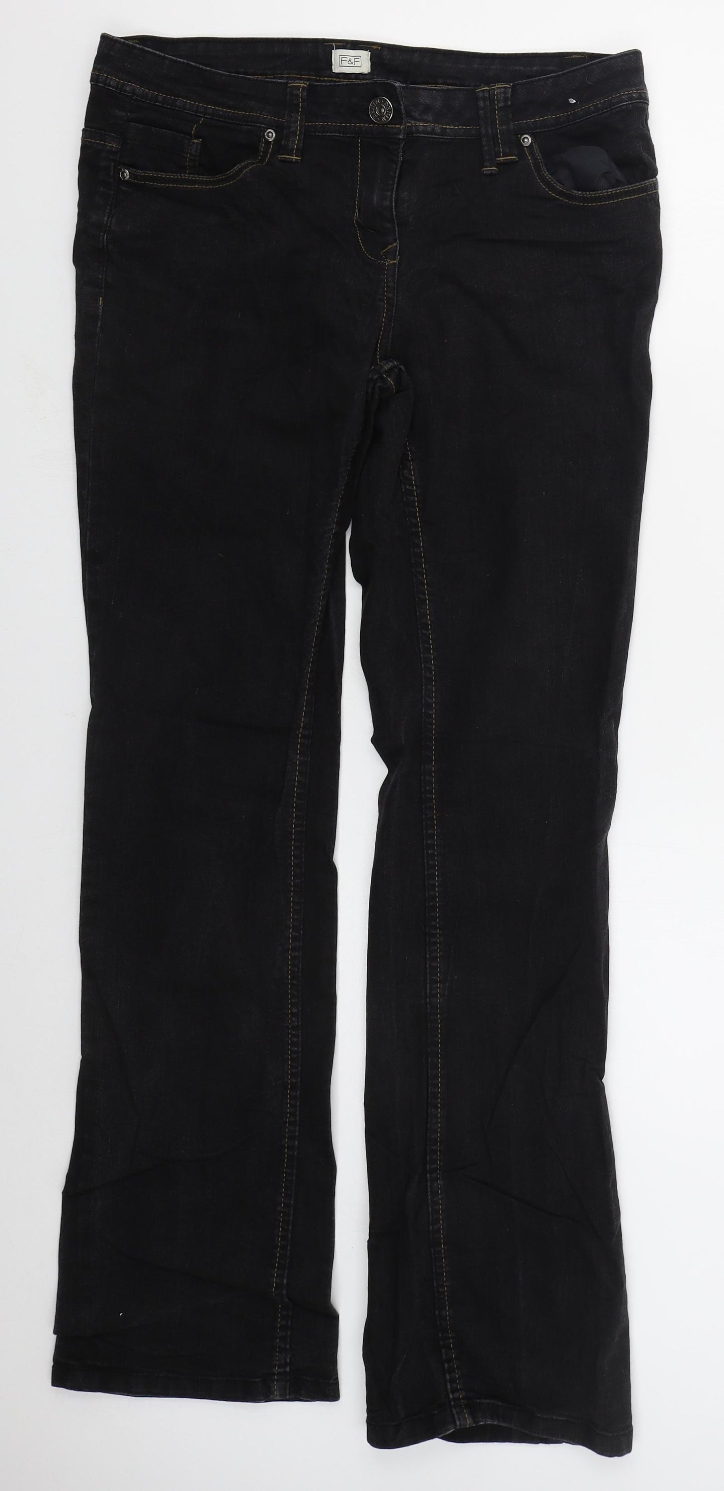 F&F Womens Black  Cotton Straight Jeans Size 12 L32.5 in Regular Button