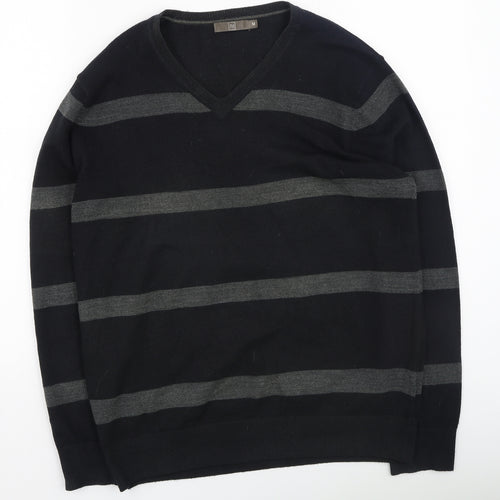 yu Mens Black V-Neck Striped Acrylic Pullover Jumper Size M