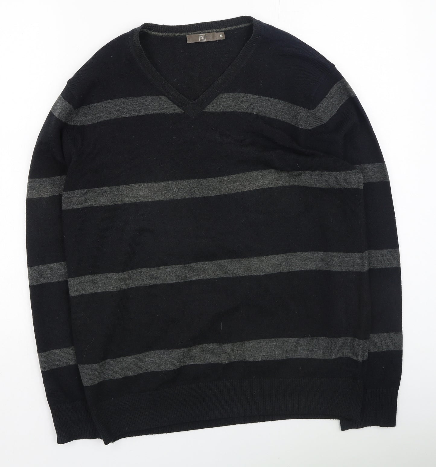 yu Mens Black V-Neck Striped Acrylic Pullover Jumper Size M