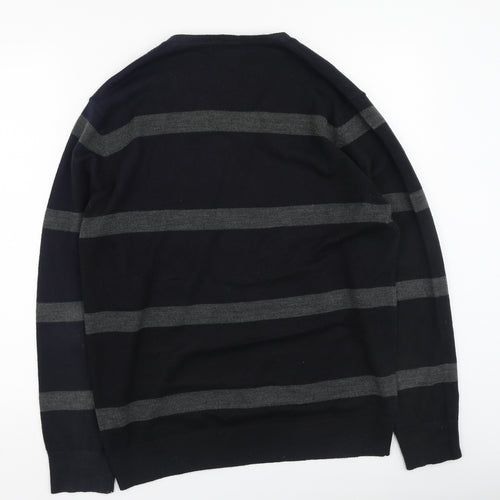 yu Mens Black V-Neck Striped Acrylic Pullover Jumper Size M