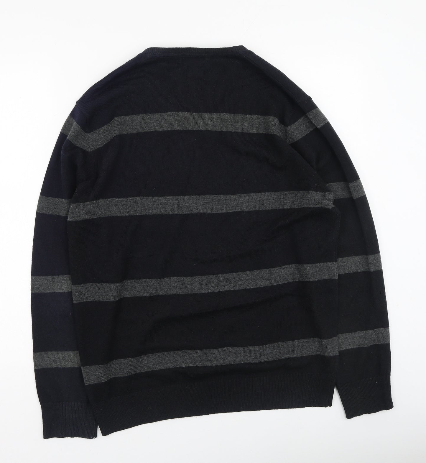 yu Mens Black V-Neck Striped Acrylic Pullover Jumper Size M