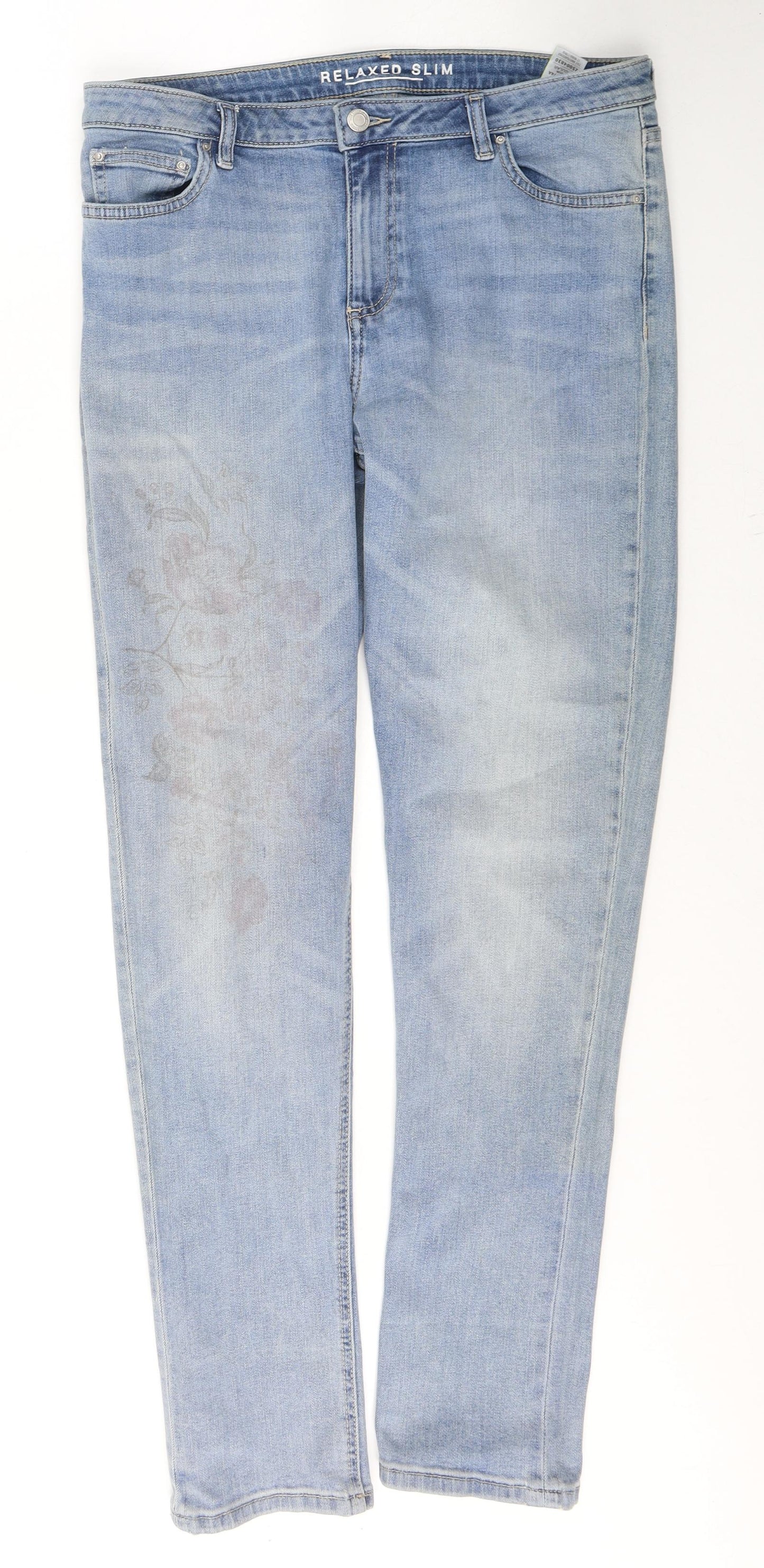 Marks and Spencer Womens Blue  Cotton Skinny Jeans Size 10 L31 in Relaxed Button - Flower Detail