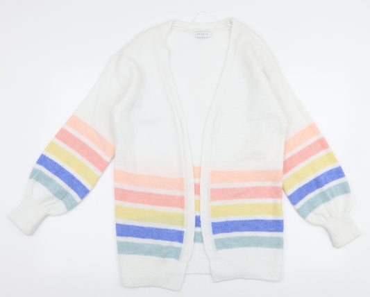 Front view of Papaya women’s multicoloured v-neck striped acrylic cardigan jumper, size S