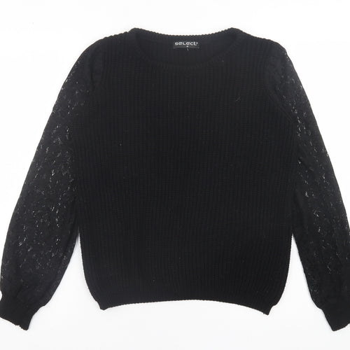 Select Womens Black Crew Neck  Acrylic Pullover Jumper Size M   - Lace Sleeve Detail