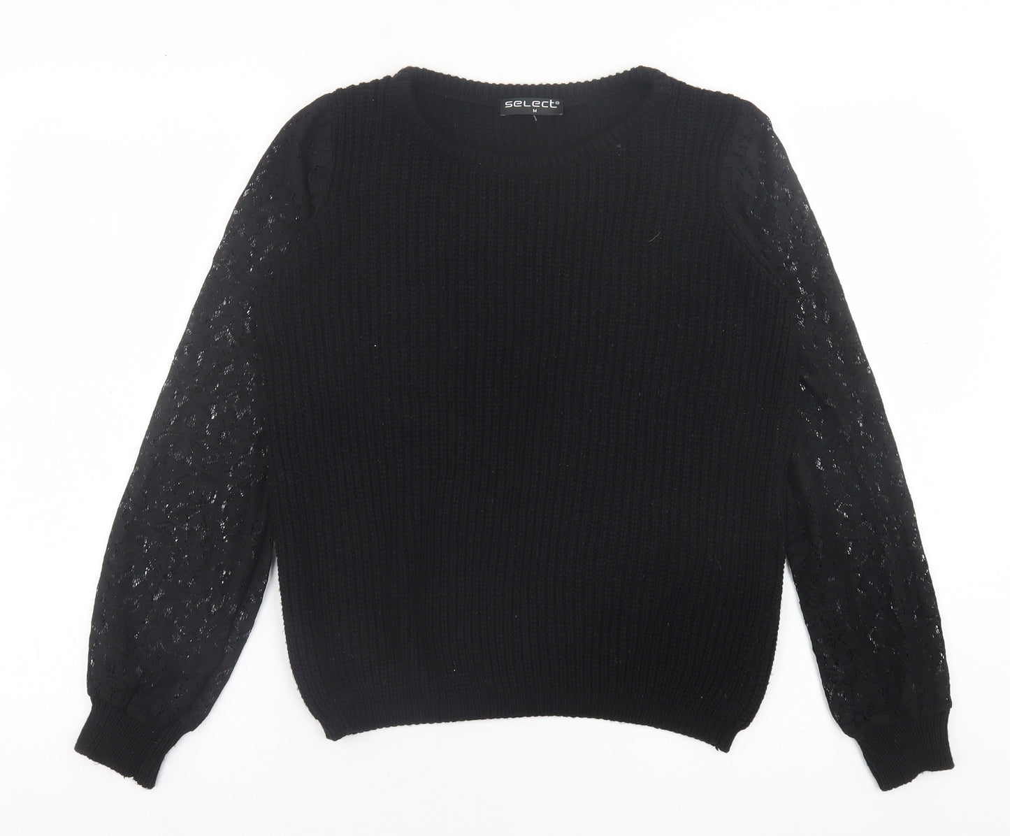 Select Womens Black Crew Neck  Acrylic Pullover Jumper Size M   - Lace Sleeve Detail