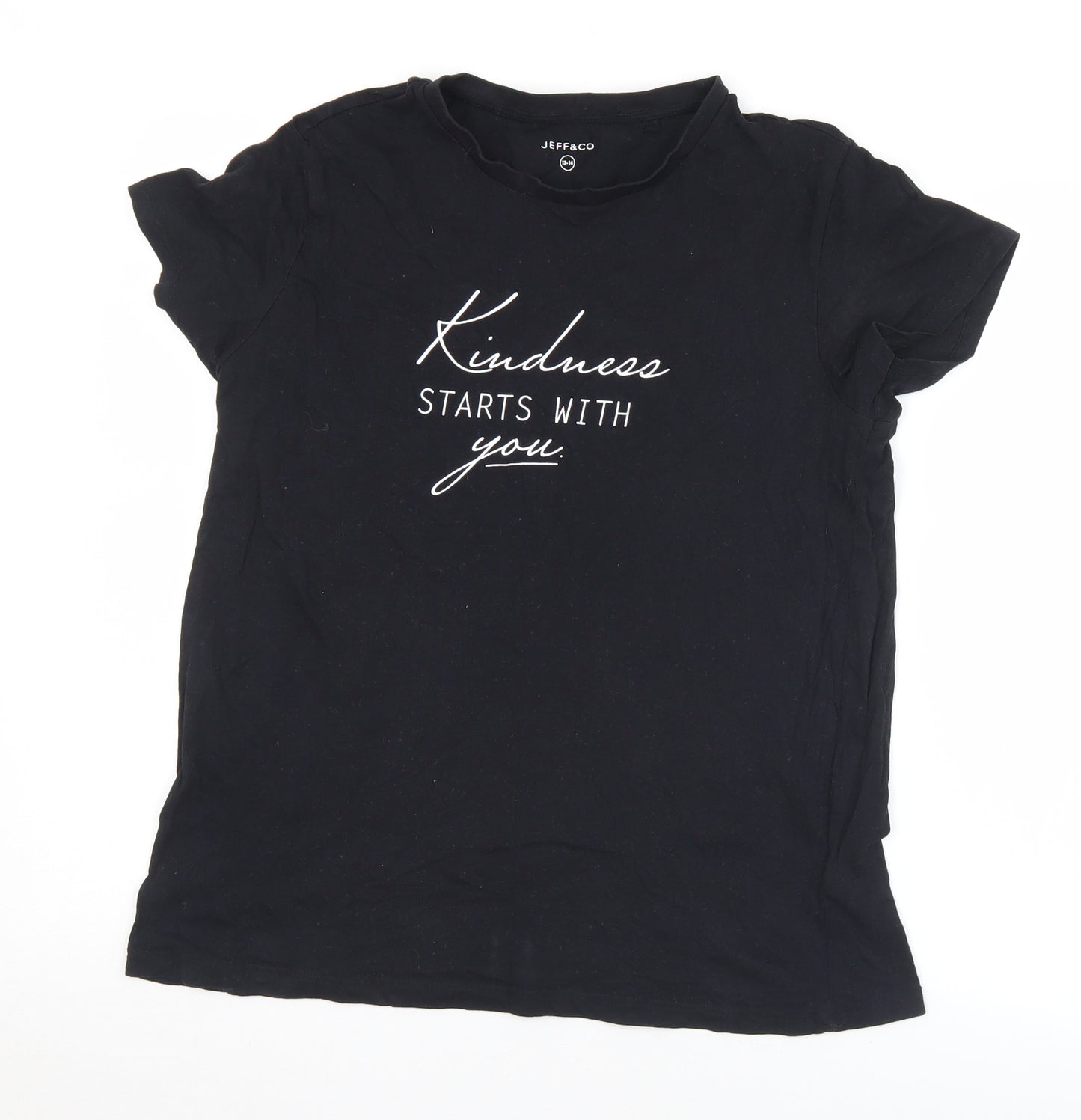 Jeff & Co Womens Black  Cotton Basic T-Shirt Size 12 Round Neck - Kindness. 12/14