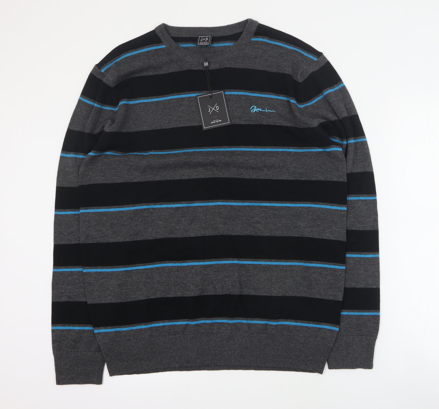 John Devin Mens Grey Round Neck Striped Cotton Pullover Jumper Size L