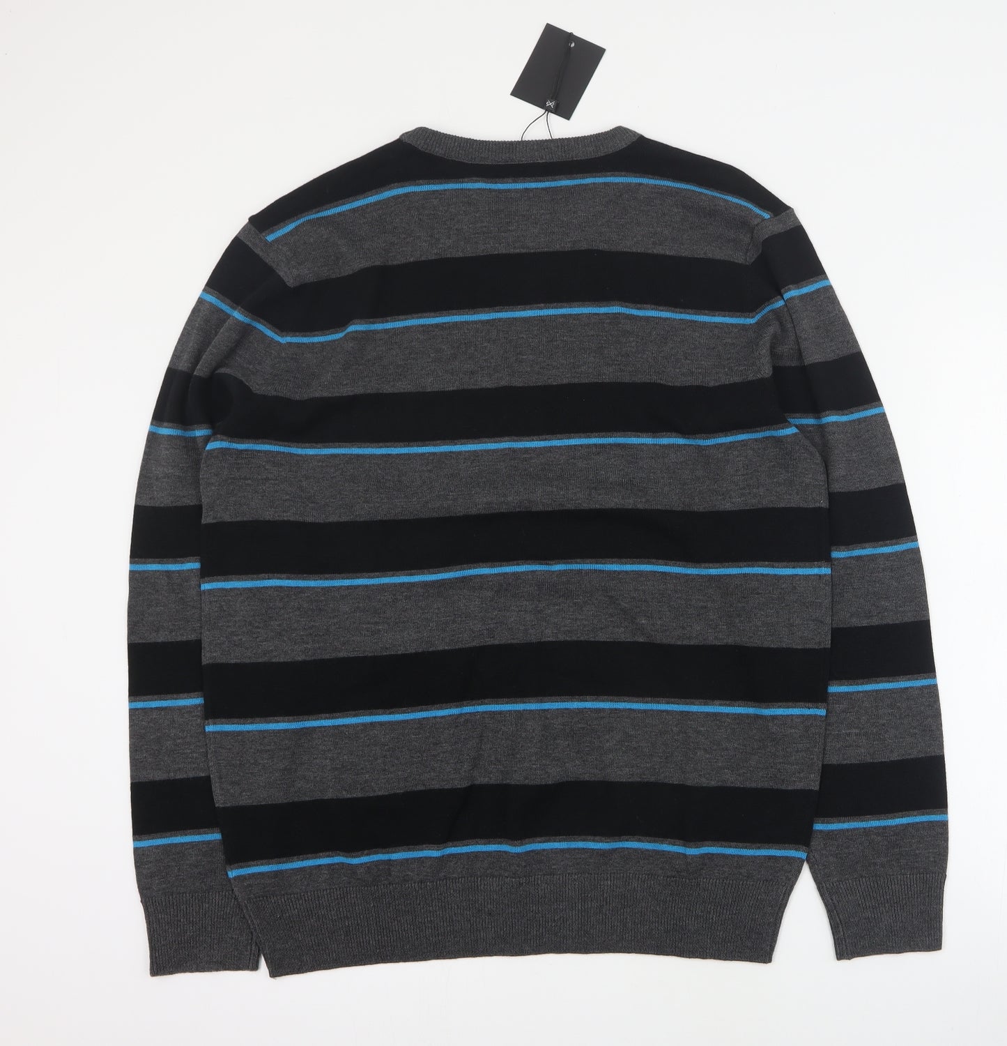 John Devin Mens Grey Round Neck Striped Cotton Pullover Jumper Size L
