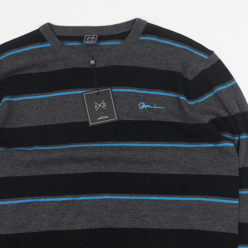 John Devin Mens Grey Round Neck Striped Cotton Pullover Jumper Size L