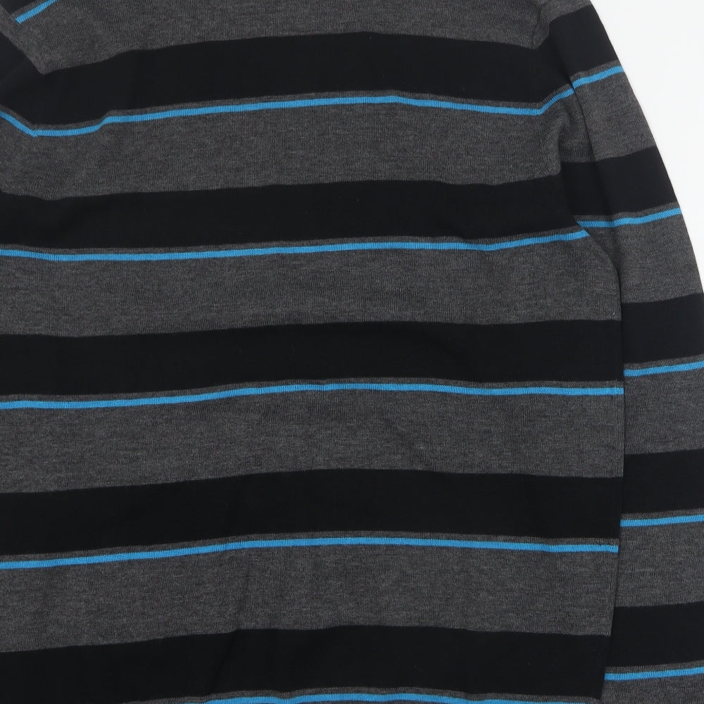 John Devin Mens Grey Round Neck Striped Cotton Pullover Jumper Size L