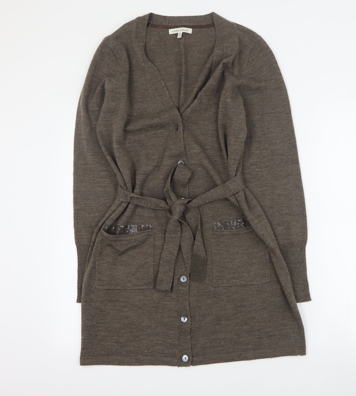 Laura Ashley Womens Brown V-Neck  Wool Cardigan Jumper Size 16