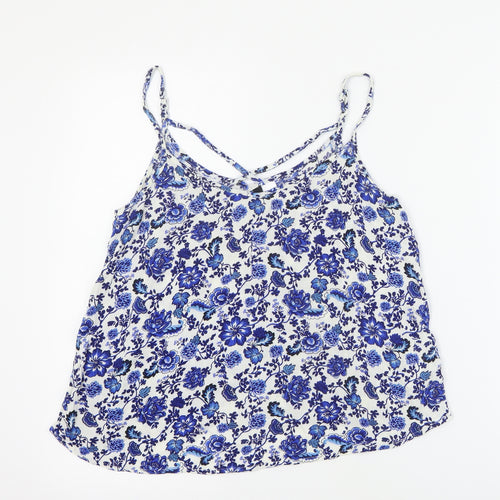 H&M Womens White Floral Viscose Basic Tank Size 8 V-Neck