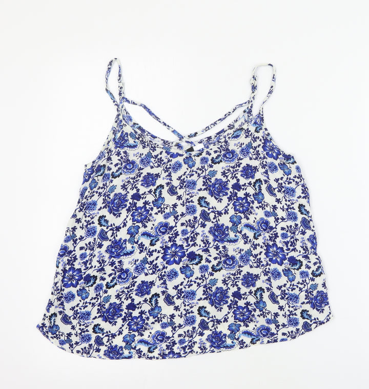 H&M Womens White Floral Viscose Basic Tank Size 8 V-Neck