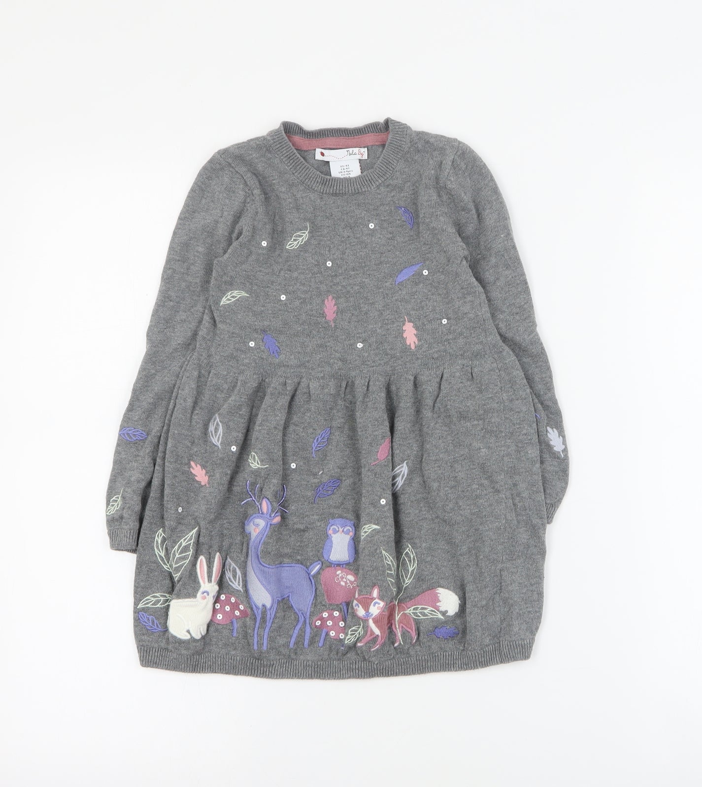 Nula Bug Girls Grey  Cotton Jumper Dress  Size 3-4 Years  Round Neck Pullover