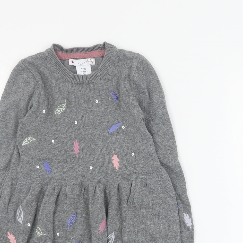 Nula Bug Girls Grey  Cotton Jumper Dress  Size 3-4 Years  Round Neck Pullover