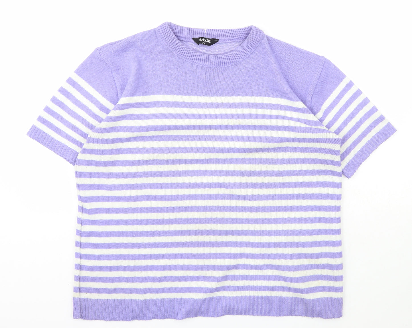Classic Womens Purple Scoop Neck Striped Acrylic Pullover Jumper Size L