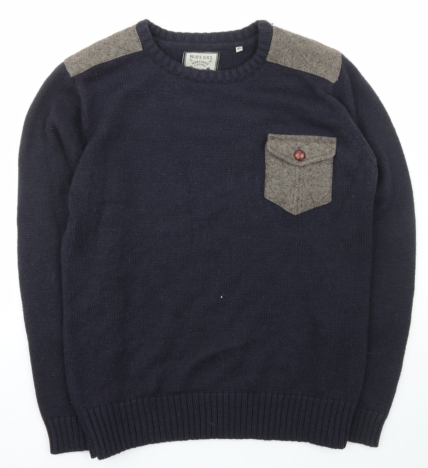 Brave Soul Mens Blue Square Neck  Acrylic Pullover Jumper Size XL