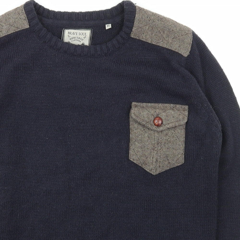 Brave Soul Mens Blue Square Neck  Acrylic Pullover Jumper Size XL