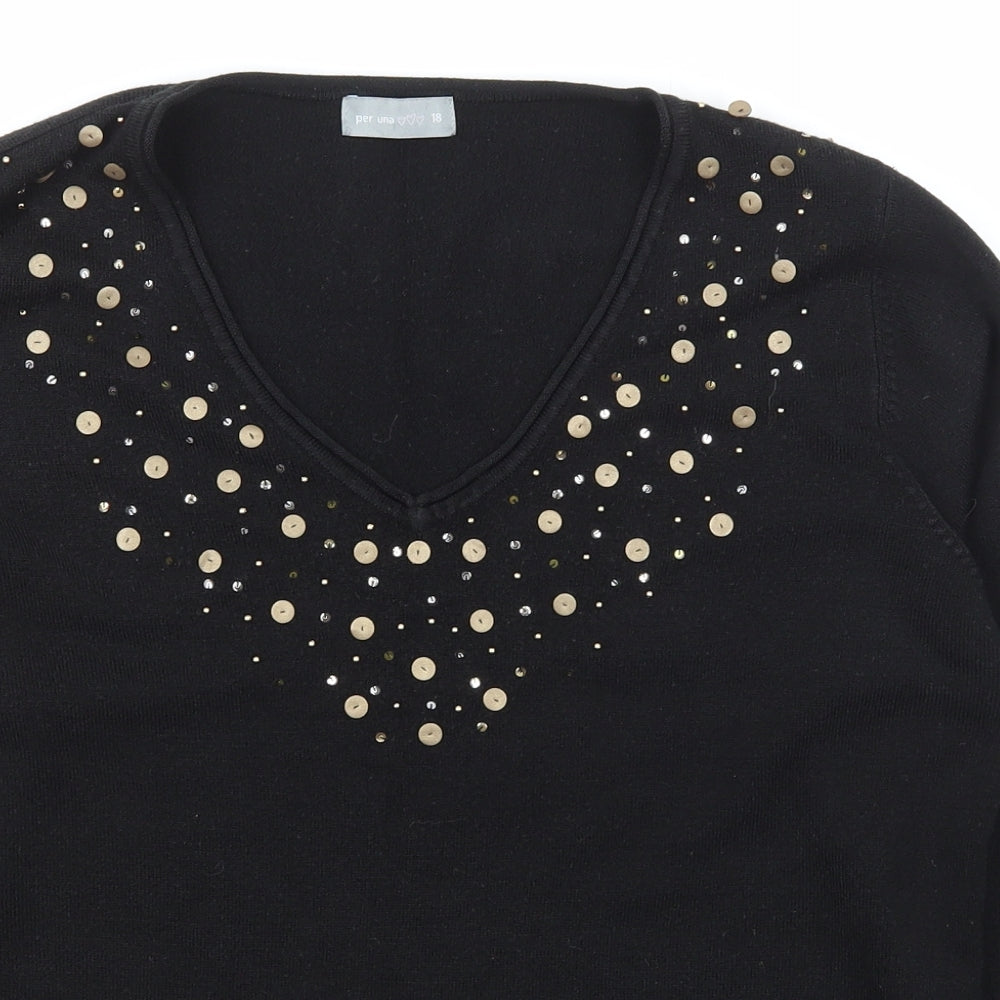 Per Una Womens Black V-Neck  Acrylic Pullover Jumper Size 18